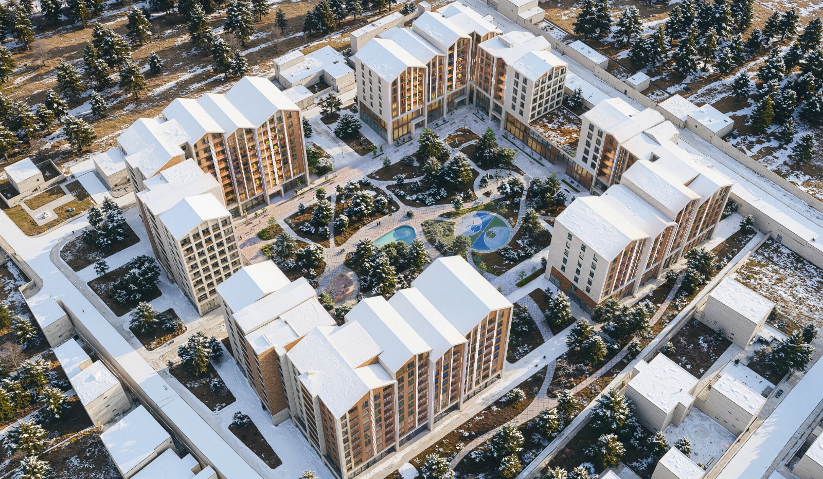 Qusar Residence-in yuxarıdan görünüşü — qışda 12 bina və mərkəzi həyət